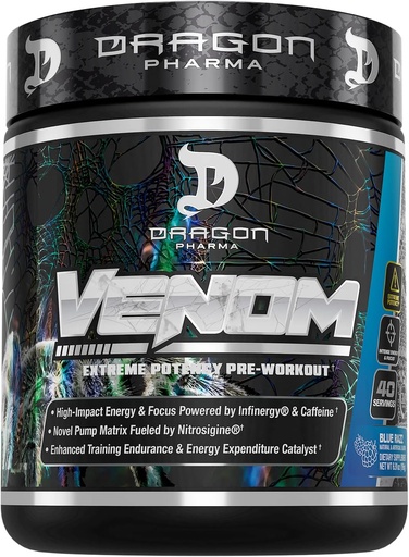 [BRSWYEDYC55BUETF] DRAGON PHARMA Venom Extreme Potency Pre-Workout, Laser Sharp Focus + Energy, Intense Performance, Osvedčené zložky pre vylepšenú vazodilatáciu a vytrvalosť (40 Servings, Blue Raspberry)