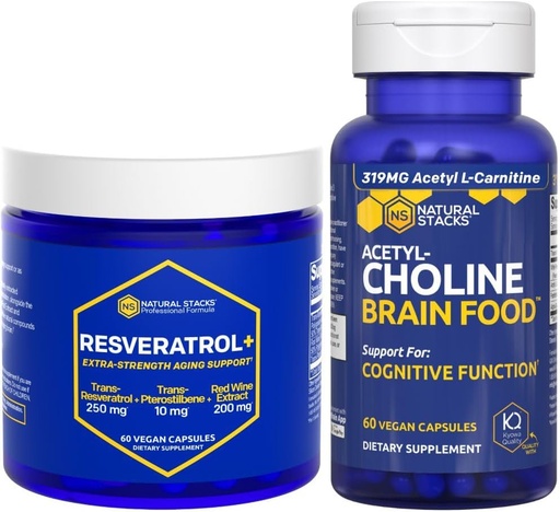 [BRSRAFTRBMARYG3K] NATURAL STACKS Acetylcholine Brain Food + Resveratrol Supplement Bundle - Supports Cognitive Function & Brain Aging* - 120 Total Capsules