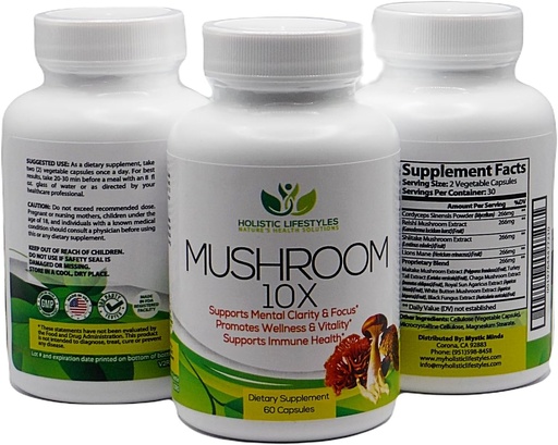[BRSROEAFDJ7GGHL3] Mushroom 10X Mushroom Complex 10-in-1 Supplement 1330 mg 60 Capsules w/Lions Mane Supports Focus & Mental Clarity,Vitality, Mood Enhancement & Immune Support