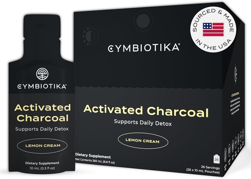 [BRSWYEADAEPWMG3U] CYMBIOTIKA Activated Charcoal Liquid Supplement Packets from Coconuts for Bloating, Gut Health & Digestive Support, Helps Detox, Vitamin E, Lemon Cream Flavor, Vegan, 26 Pack