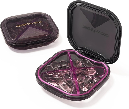 [BRSRAYIFBVYRACAZ] 1 Iepakojums Mazs Purple Pill organizētājs, 4 iecirkņi, Compact Stylish Cute Travel Camping Pill Box Daily Medicine Pill Case, Portatīvs un mitruma necaurlaidīgs, lai saglabātu vitamīnus, zāles un piedevas