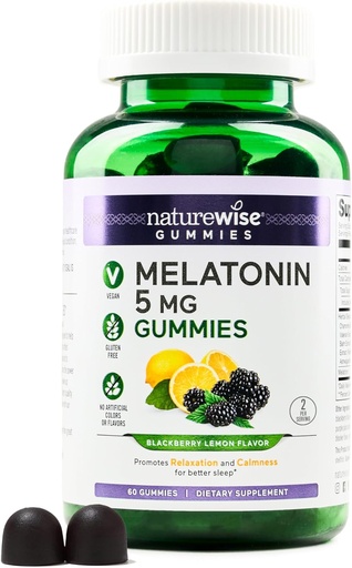 [BRSROATQCQCGKA32] NatureWise Melatonin Gummies 5mg - Non-Habit Forming Sleep Support Supplement with Ashwagandha, Valerian Root - BlackBerry-Lemon Flavor - Vegan, Gluten Free, Non-GMO - 60 Count[30-Day Supply]