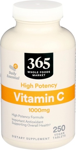 [BRSWGZQEAUIBYDLL] 365 Por mercado inteiro de alimentos, Vitamina C 1000Mg, 250 Contagem