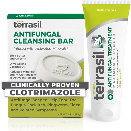 [BRSWKHY7OQNGA2D5] terrasil Antifungal Cream + Antifungal Soap 2-Product Kit Clinically-Proven Clotrimazole Effective Treatment & Relief: Jock Itch Athletes Foot Fungal Yeast Infection Ringworm (50g Tube & 75g bar)