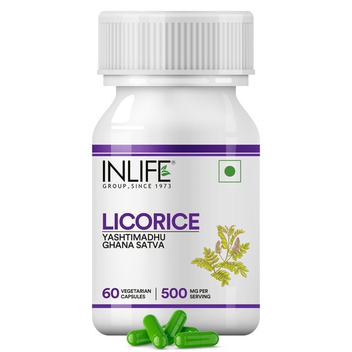 [BRSWG23YAEOWA2DA] INLIFE Licorice Root Extract (Yasthimadhu) Standardized to >20% Glycyrrhizinic Acid Supplement, 500 mg - 60 Vegetarian Capsules