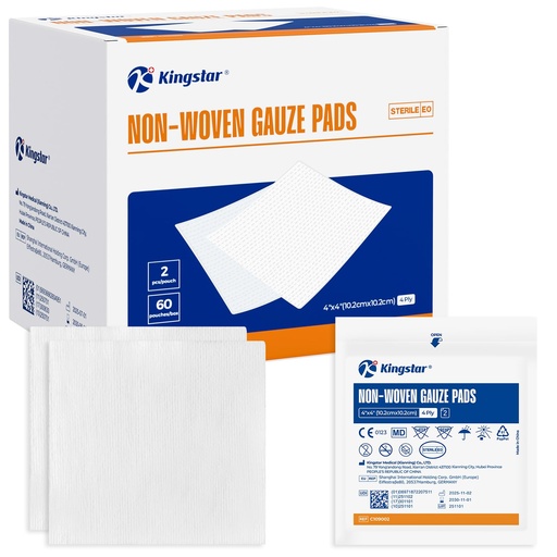 [BRSROEAEAV6WYCL2] Kingstar Sterile Nonwoven Gauze Pads, 4"x 4", 60 Packs - 120 Pieces | Soft Sponge Pads, Higher Absorbent Gauze Compresses for Trauma or Post-Operative Wound Care
