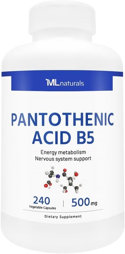 [BRSRAFAECUHGK2T4] ML Naturals Pantothenic Acid B5 240 Vegetable Capsules. Energy Metabolism, Nervous System Support, NSF-Certified & cGMP-Compliant