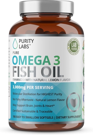 [BRSWIFQYDMDRQGQ7] Purity Labs Omega 3 Arrain-olioa 3000mg - DHA eta EPA Omega 3 gantz-azidoen osagarriak bihotza eta burmuinari laguntzeko - Laguntza osagarria - 180 Softgels (60 zerbitzatu)