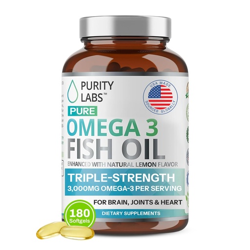 [BRSWIFQYDMDRQGQ7] Purity Labs Omega 3 Fish Oil 3000mg – DHA & EPA Omega 3 Fatty Acid Supplements to Support Heart and Brain Health - Immune Support Supplement - 180 Softgels (60 Servings)
