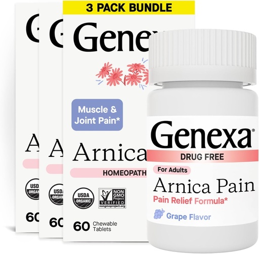[BRSWGCQPBN5GOHLX] Genexa Arnica Tablets for Pain Relief Formula | Alleviate Muscle & Joint Pain, Soreness, & Stiffness | Delicious Organic Grape Flavor | Homeopathic Remedy Made Clean | 300 Chewable Tablets (3 Pack)