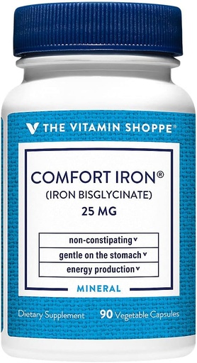 [BRSWIZ34O4OQODLM] The Vitamin Shoppe Comfort Iron 25MG, Clinically Studied Iron Bisglycinate, Energy Production & Immune Support, Gentle & Non-Constipating Supplement (90 Veggie Capsules)