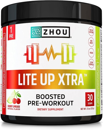 [BRSW2GT2BV5BO33F] Zhou Lite Up Xtra - Açúcar Free Pré-treino em pó para mulheres e homens, Suplemento de pré-treino com cafeína para energia limpa, Suporte Aminoácido, Hidrate & Foco, Planta com base - 30 Scoops