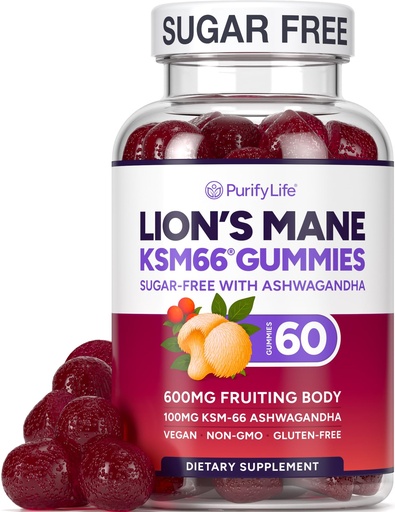 [BRSRA2TRAAAQ42QV] Sugar Free Lions Mane Supplement Gummies with KSM-66 Ashwagandha - Nootropic Supplement for Cognition, Brain Fog, Mental Clarity, Focus & Stress Support - Natural Berry Flavor, Vegan, Made in USA