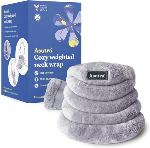 [BRSROCYHOR4BMELB] ASUTRA Heighted Neck Wrap, Plush Gray - Hands-free Microwaveable Heating Pad para pescoço e ombros, Compressão quente e fria, Aromaterapia de lavanda