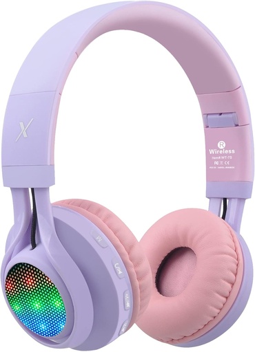 [BRSWGYYPBF4GG3Y6] Riwbox WT-7S Kids Bluetooth Headphones Light Up, Foldable Stero Wireless Headset,with Microphone and Volume Control,Comfortable and Durable,for PC/Tablet/TV/Travel(Purple)