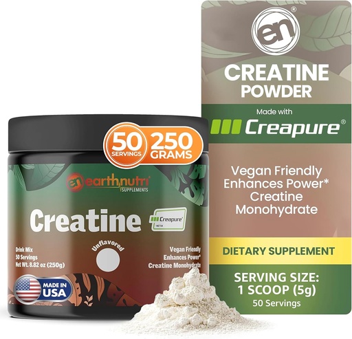 [BRSWGFINCMNRODIY] EarthNutri Creatine Monohydrate Powder - Pure Creatine Supplement for Muscle Strength, Strength & Performance – Non-GMO, Sugar-Free, Additive-Free – for Men & Women, Unflavored 250g