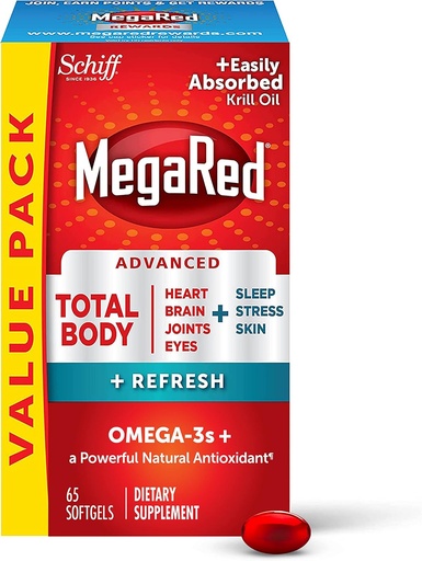 [BRSWGAQZO4DQKEYY] MegaRed Omega-3 Blend Total Body + Refresh 500mg Softgels, (65 Count in a Bottle), Easily Absorbed Krill Oil, to Support Your Heart, Joints, Brain & Eyes