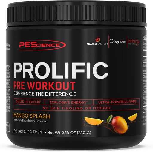 [BRSWKHYYDJ5B6CLM] PEScience Prolific Pre Workout Powder para Hombres y Mujeres con L-Citrulline Nitric Oxide Booster, Energía Powder " Nootropic for Focus – Preworkout Sin Beta Alanine – 40 Scoops, Mango Splash