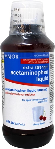 [BRSWKEYGAQNRYDDG] MAJOR Adulto Extra Strength Acetaminofen líquido - 500 mg Acetaminofen / 15 mL Dose - Reliever and Fever Reducer - Cherry Flavor - 8 Fl Oz (Packaging May Vary)