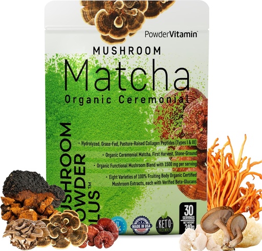 [BRSRAHA3PIBRQ3YV] PowderVitamin Organic Ceremonial Mushroom Matcha Certified Pesticide-Free Grasss-Fed Collagen Tipos I &amp; III 8 Fruiting Body Mushrooms Tested for Beta-Glucans Focus Digestion & Immunity 30 Servings