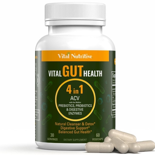 [BRSROAITOF5QOC3F] Vital Gut Health 4in1 Formula with Apple Cider Vinegar, Prebiotics & Probiotics, Digestive Enzymes for Strong Immunity Support and Complete Gut and Digestion Support