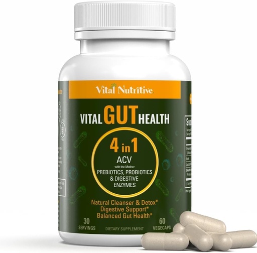 [BRSROAITOF5QOC3F] Vital Gut Health 4in1 Formula with Apple Cider Vinegar, Prebiotics & Probiotics, Digestive Enzymes for Strong Immunity Support and Complete Gut and Digestion Support