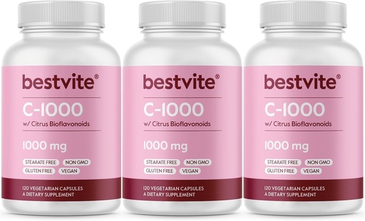 [BRSWYZYFBUNWE3DG] BESTVITE Vitamin C 1000mg (360 Vegetarian Capsules) (120 x 3) with Citrus Bioflavinoids - No Stearates - Vegan - Non GMO - Gluten Free