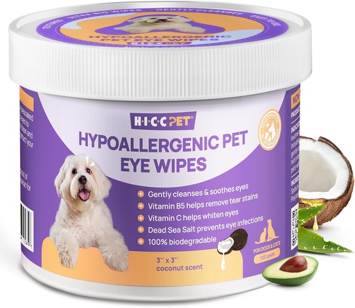 [BRSROEIDA4FRM2A3] HICC PET Eyes Wipes for Dogs & Cats, Vet-Recommended Dog Eye Infection Treatment, Gently Remove Tear Stain, Debris, Discharge - Hypoallergenic Pet Eye Wash Cleaner for Eyes, Wrinkle, Face - 100pcs