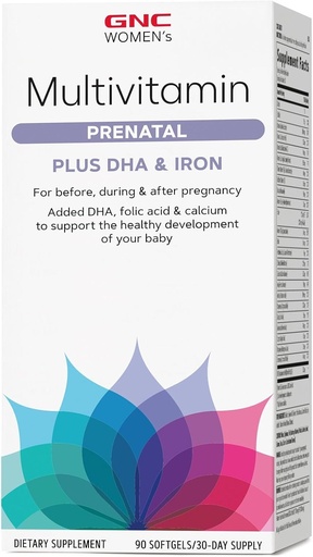 [BRSWYZQQDIBQGYLX] GNC Women's Prenatal Multivitamin Formula DHA & Iron-ekin, Haurdunaldia eta Haurtxo osasuntsuaren Garapena onartzen ditu, Azido foliko esentzialak, Zinc, Calcium Plus B bitaminak, 90 Softgels