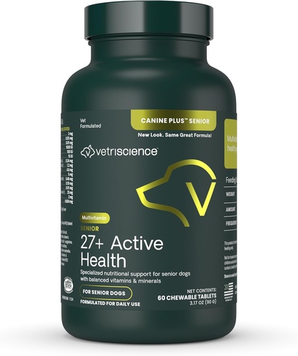 [BRSWKFQTCEEACHDG] VetriScience Senior 27+ Active Health Chewable Tablets, Canine Plus Daily Multivitamin Senior Dogs, Balanced Vitamins, Minerals eta Antioxidants, Aging and Wellness Support, Veggie, 60 Count