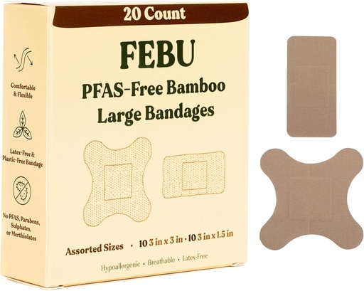 [BRSW2FDROUJWOFAY] FEBU Eco-Friendly Large Bamboo Bandages | PFAS Free Bandages for Scrapes & Cuts | Flexible Fabric Bandage | Fully Compostable, Latex Free Bandage | 20 Count Large