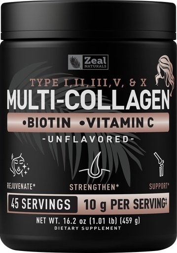 [BRSWGAACOZYAEG3K] Zeal Naturals Multi Collagen Protein Peptides Powder Types I II III V X - Vitamin C, Biotin & Hyaluronic Acid - Hair, Skin & Nails - Marine, Bovine, Chicken & Eggshell - Unflavored, 45 Servings