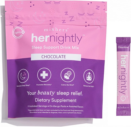 [BRSRMGD3DEHRQADK] MIXHERS Sleep Support Supplement | Includes Melatonin, Ashwagandha, Chamomile, L-Glycine & L-Theanine | Relaxing Drink Mix for Restful Sleep | Chocolate Flavor | 15 Stick Packets