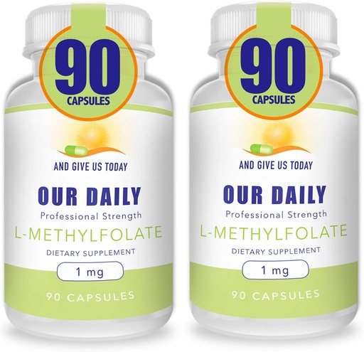 [BRSWYEIBB5YAAFI6] Nos Vites quotidiens L-méthylfolate 1mg / 1000 mcg Résistance maximale Folate actif, 5-MTHF, Sans remplissage, Sans gluten, Sans OGM, Capsules végétariennes 90 Nombre (paquet de 2)