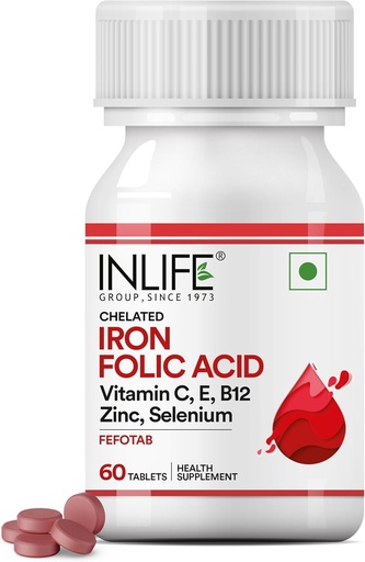 [BRSWIGQ2AYFR6CTO] INLIFE Chelated Iron Folic Acid Addition with Vitamin C, E, B12, Цинк и селен за мъже Жени - 60 таблетки