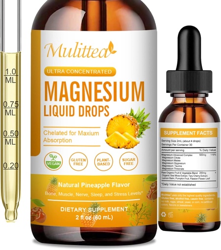 [BRSROHYRBMHWOEQ2] Magnesio 500mg Liquid Drops - Alto assorbimento 5-in-1 Magnesio complesso supplemento con glicinato, malato, citrato, Taurate - per Bone, muscoli, nervi & energia - Vegan Formula, Sugar Free, 2 Fl.oz