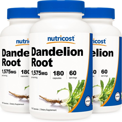 [BRSWGZYTDEJR6FL3] Nutricost Dandelion Root 525mg, 180 kapsula (3 botila) - 1575mg zerbitzatu, Gluten Free