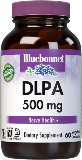 [BRSWIYT3PMDBOETI] Bluebonnet Nutrition DLPA (DL-Phenylalanine) 500mg, acide amino de forme libre, pour support du système nerveux, sans soja, sans gluten, sans OGM, casher, végétalien, 60 capsules végétales