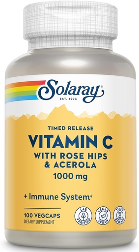 [BRSWIZYZOMCB62DA] SOLARAY Vitamina C 1000mg - timp de eliberare Vitamina C Capsulele w/Rose Hips și acerola pentru suport bioflavonoid - două etape, All-Day Immune Support - Vegan, 60 Day Guarantee, 100 Servings, 100 VegCaps