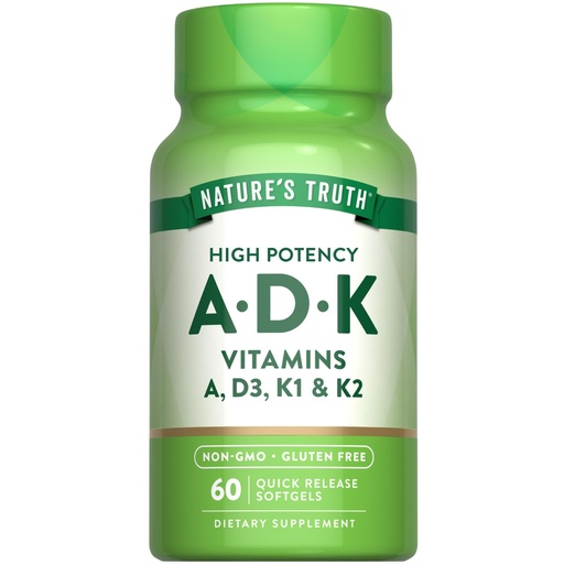 [BRSRMCQPC4OW2E36] Nature's Truth Vitamin ADK | 60 Softgels | High Potency of Vitamin A, D3, K1 & K2 | Non-GMO & Gluten Free Supplement