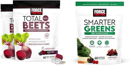 [BRSRAYYYCMHBO2YU] Force Factor Total Beets Soft Chews Beetroot, Rypäleensiemenuute, Antioksidantit, nitraatit, L-Citrulline, 120 Count, 2-Pack and Smartter Greens Superfood Chews 25+ Superfoods, Probiootit, Antioksidantit, ja kuitu, 60 Count