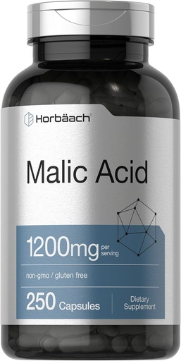 [BRSRM233AR5GGC3X] Horbäach Malic Acid Capsules - 1200mg - 250 Contagem - Não-GMO e Suplemento Glúten