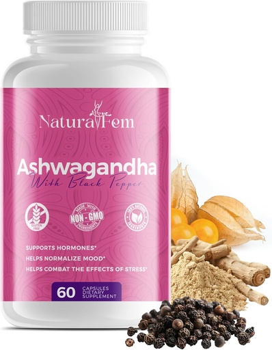 [BRSRAFL2CAPGGFDX] Naturalfem Ashwagandha Supplements for Women with Black Pepper - Stress Management, Hormone & Mood Support Supplement - Gluten-Free, 1300 mg. 60 Vegetable Capsules