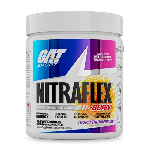 [BRSWYCD4CIIGYFD5] GAT SPORT NITRAFLEX Burn, Pre Workout Thermogenic Powder, Tropic Thunderburst, 30 Servings