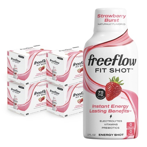[BRSROZAHBMPRE2Y3] Freeflow Fit Energy Shots, Strawberry Burst, Natural Caffeine Boost with L-theanine, Ginseng, Vitamins, Prebiotics, Electrolytes (24 count, 2oz Shots)