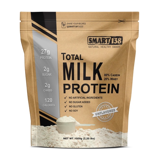 [BRSWKHY3OMIQ2YDA] Smart138 Total Milk Protein - 80% Casein 20% Whey - RBST/rBGH Hormone Free, Gluten-Free, Soy-Free, Non-GMO, USA, Keto Low Carb, Natural BCAAs (1000g / 2.2lbs, Unflavored)