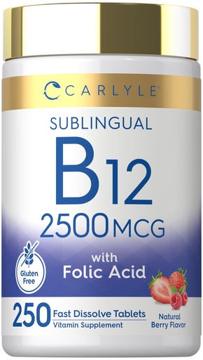 [BRSW2CTYDEDROFD7] Carlyle Vitamin B12 Sublingual 2500 mcg | 250 Fast Dissolve Tablets | Cyanocobalamin Supplement with Folic Acid for Adults | Natural Berry Flavor | Vegetarian, Non-GMO, and Gluten Free