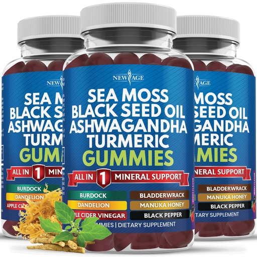 [BRSRAZQHAUFGA3LD] NEW AGE Sea Moss Gummies, Sea Moss, Black Seed, Ashwagandha, Turmeric, Manuka Honey, ACV, Dandelion, Black Pepper, Burdock, Bladderwrack, Vegan- 180 Count