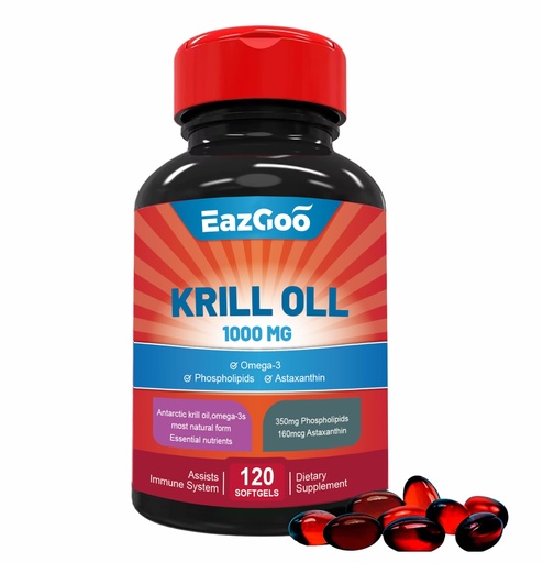 [BRSROY32OR6GOD3F] Antarctic Krill Oil 1000mg, Omega 3 Supplement，EPA, DHA, Phospholipids and Astaxanthin- 120 Softgels