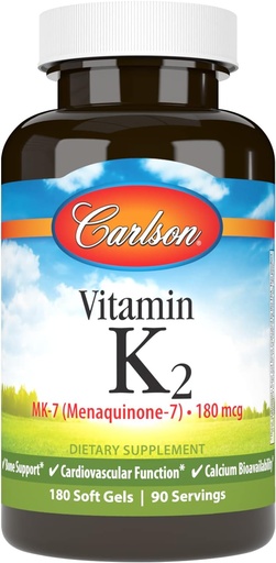 [BRSWGZLRCAMA4ETO] Carlson - Vitamin K2 MK-7 (Menaquinone), 180 mcg, Bone Dukung, Calcium Bioavability, K2 Vitamin, Vitamin K-2, 180 Softgels